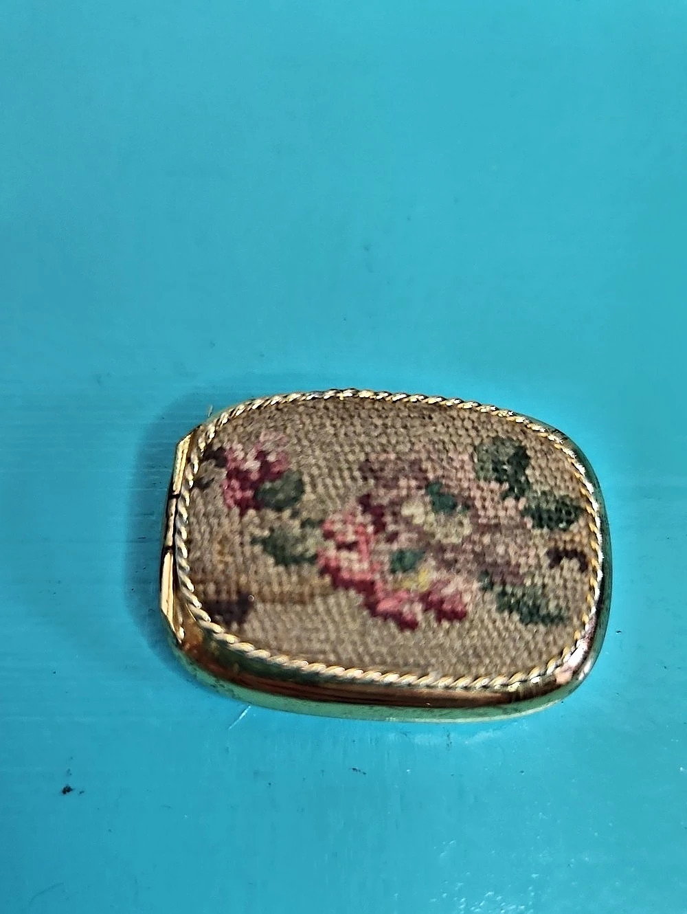 Vintage Floral Needlepoint Pill/ Trinket Box Gold